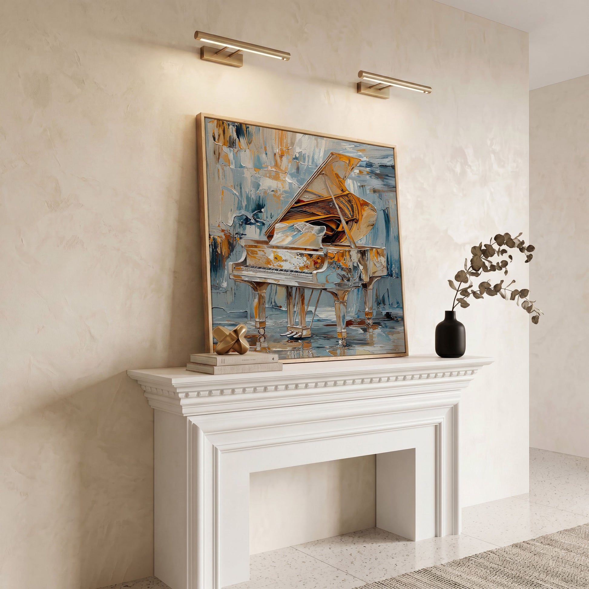 Abstract Grand Piano Canvas with Gold & Blue in white oak floating frame