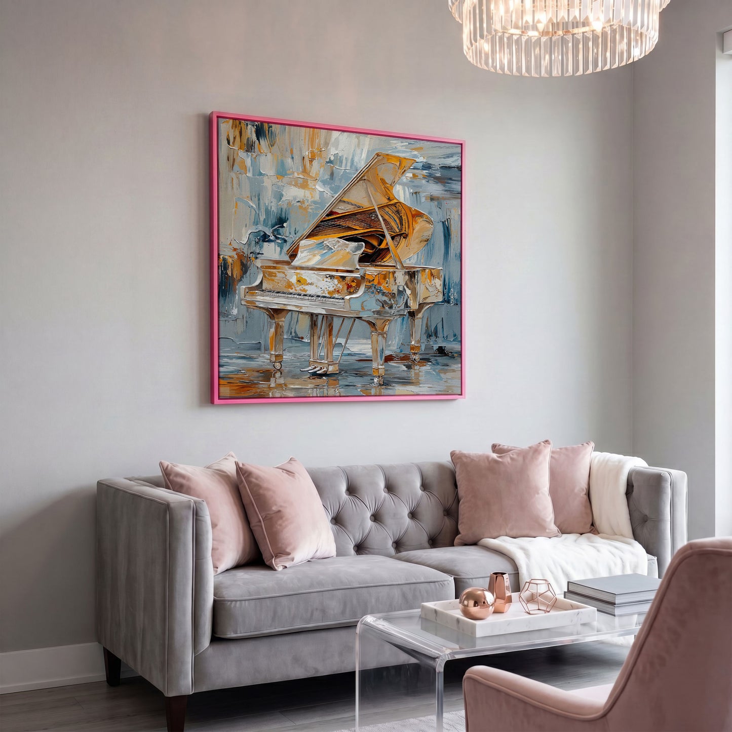 Abstract Grand Piano Canvas with Gold & Blue in pink floating frame