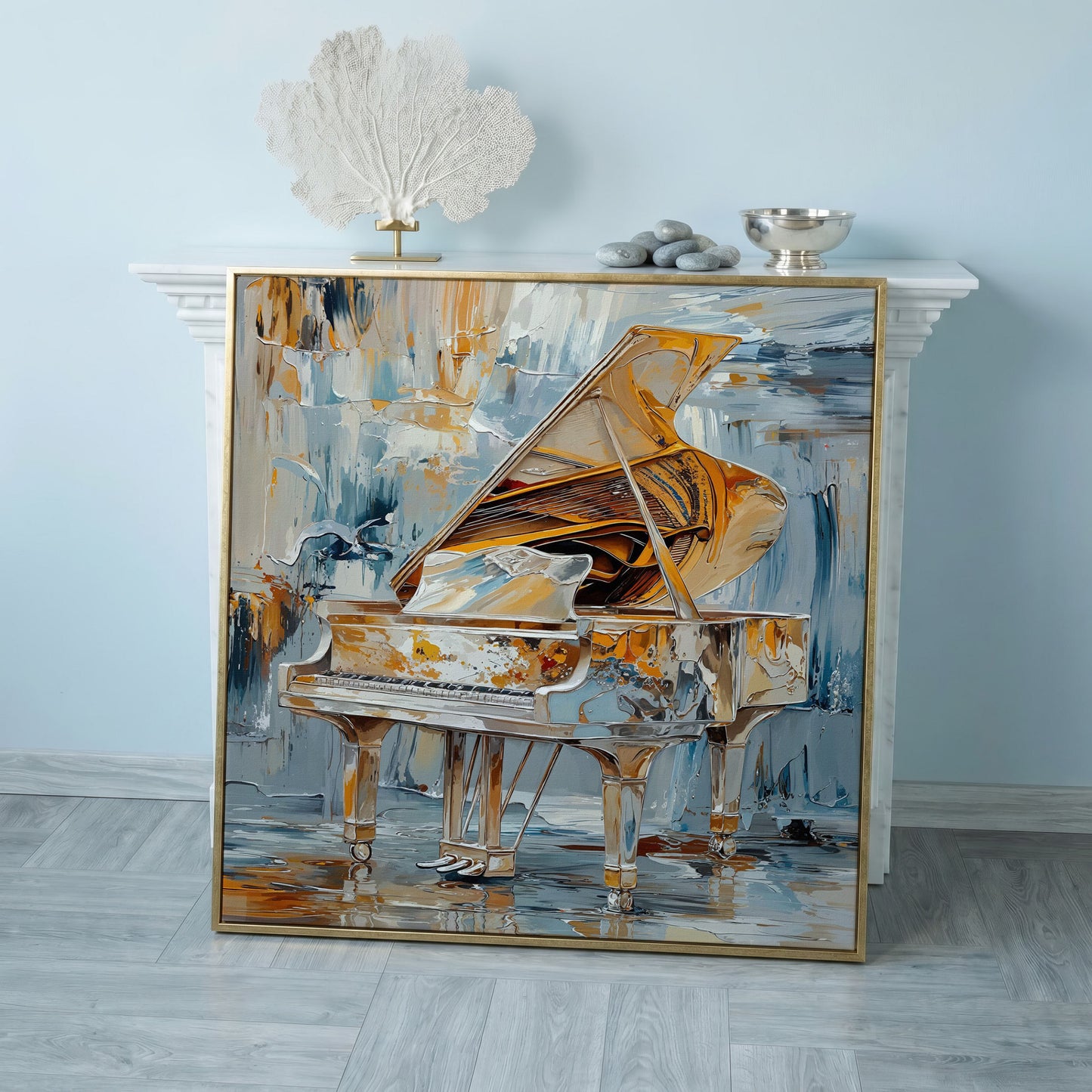 Abstract Grand Piano Canvas with Gold & Blue in rose gold floating frame