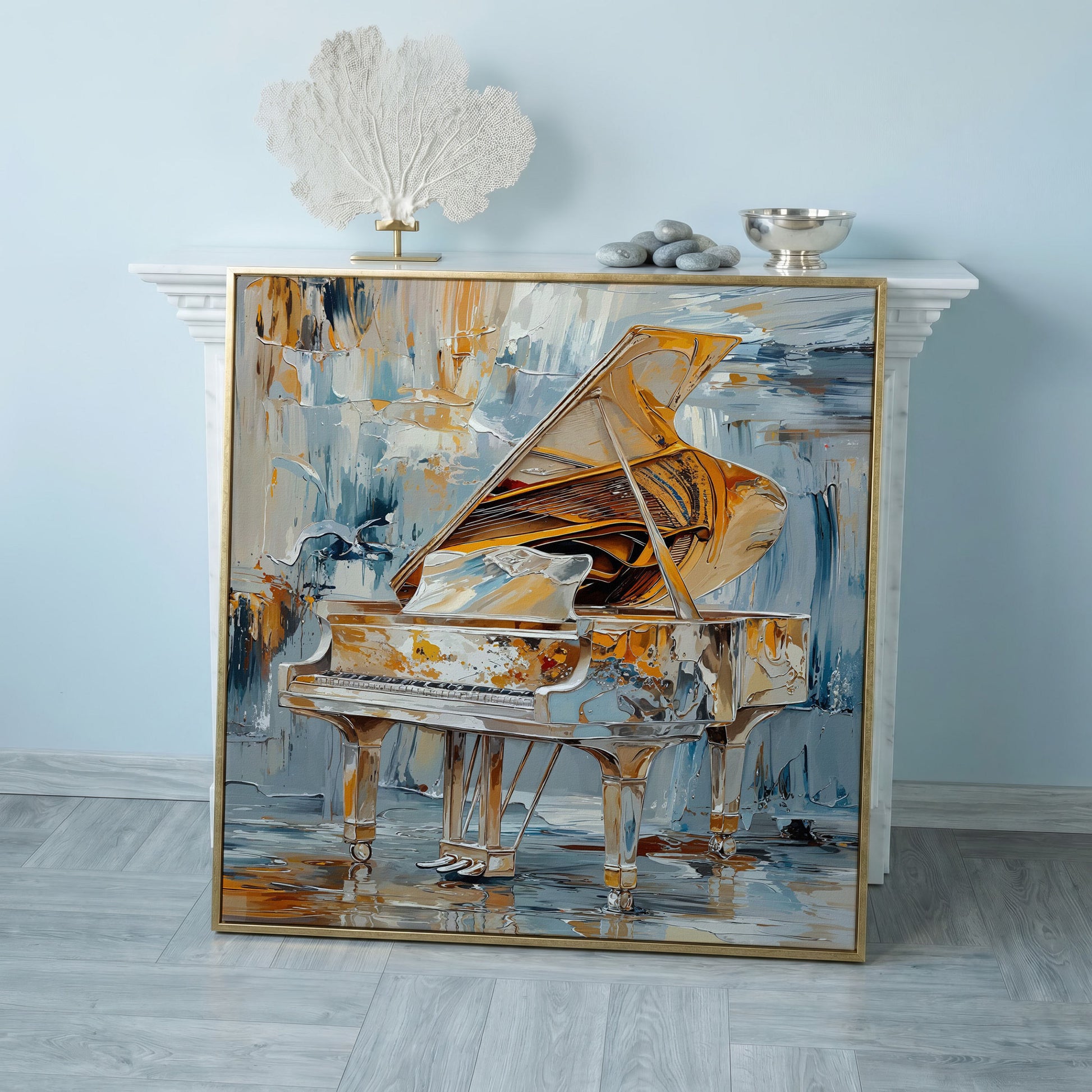 Abstract Grand Piano Canvas with Gold & Blue in rose gold floating frame
