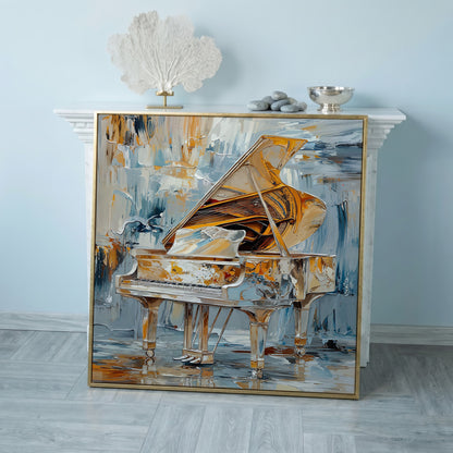 Abstract Grand Piano Canvas with Gold & Blue in rose gold floating frame