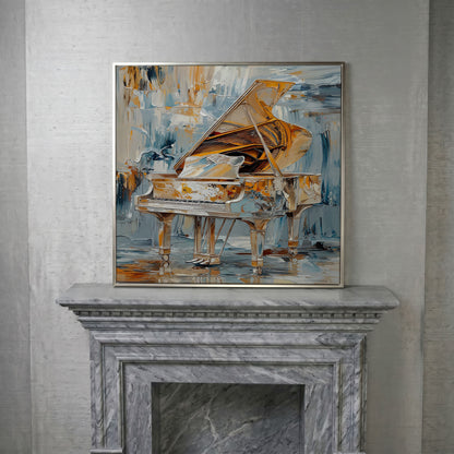 Abstract Grand Piano Canvas with Gold & Blue in silver floating frame
