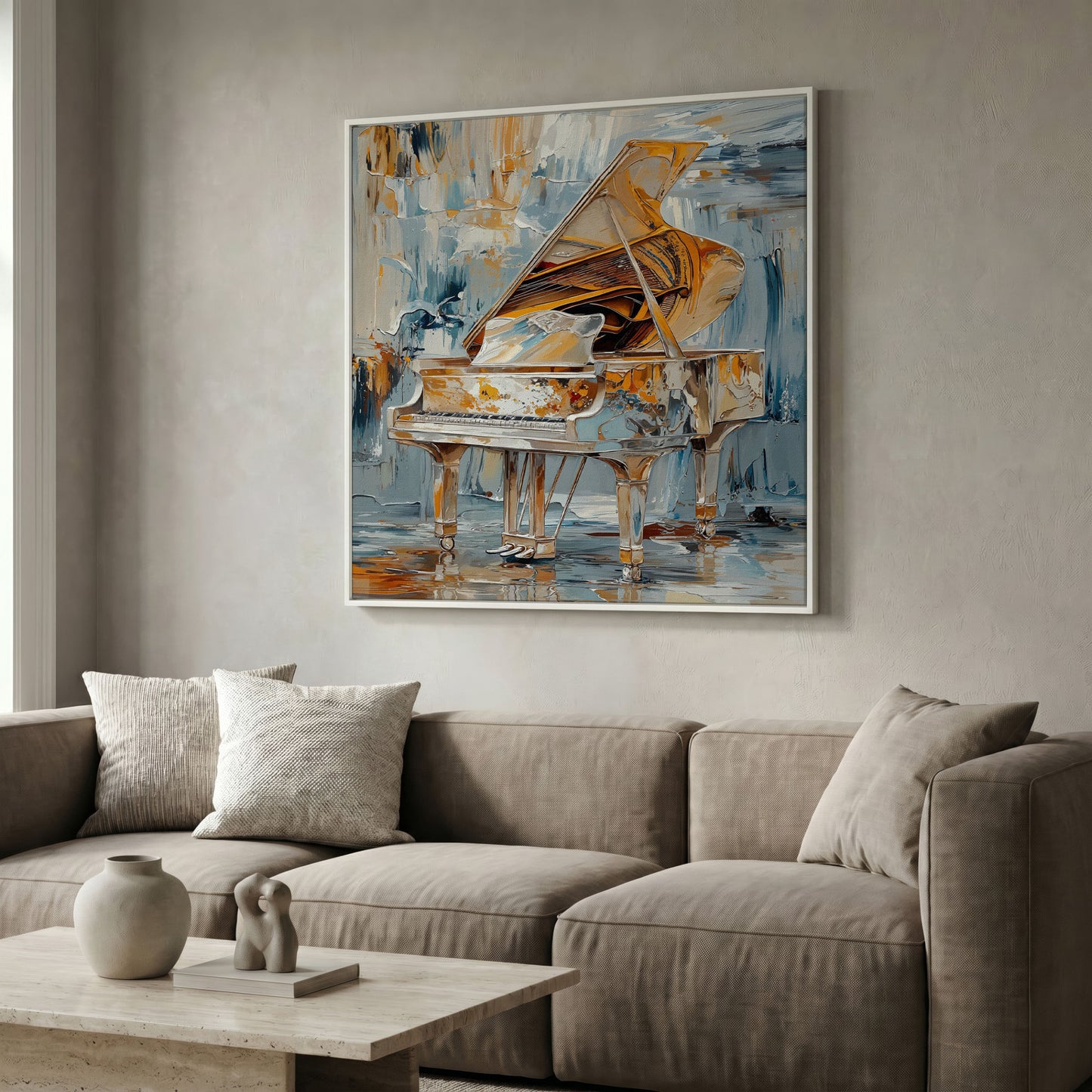 Abstract Grand Piano Canvas with Gold & Blue in white floating frame