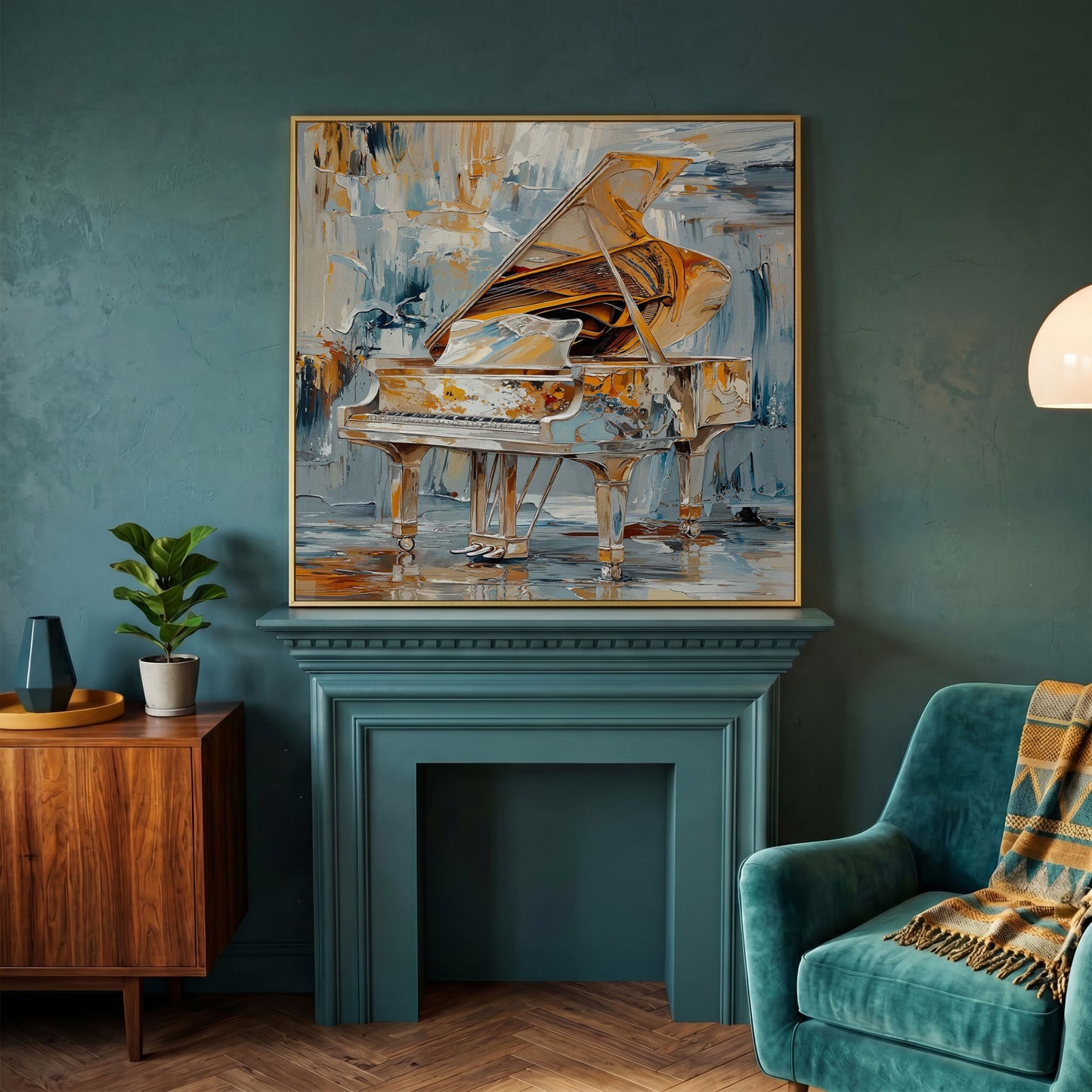 Abstract Grand Piano Canvas with Gold & Blue in yellow gold floating frame