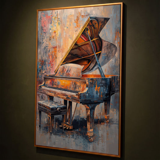 Impressionistic Grand Piano Canvas Art shown in antique gold floating frame