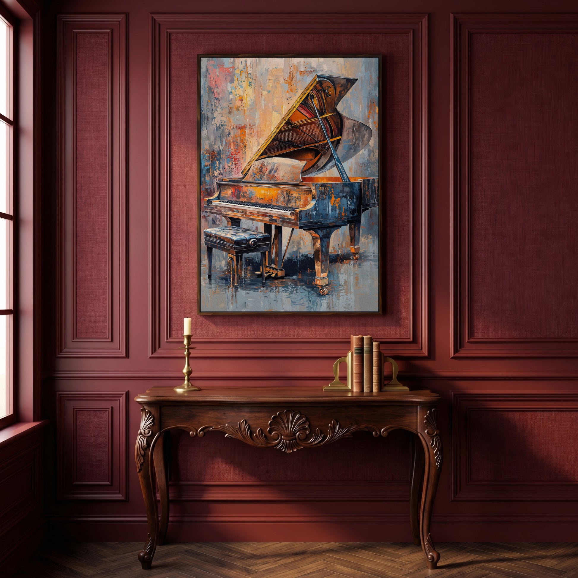 Impressionistic Grand Piano Canvas Art in dark walnut floating frame