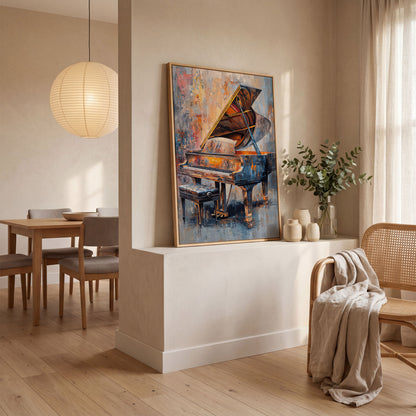 Impressionistic Grand Piano Canvas Art in white oak floating frame
