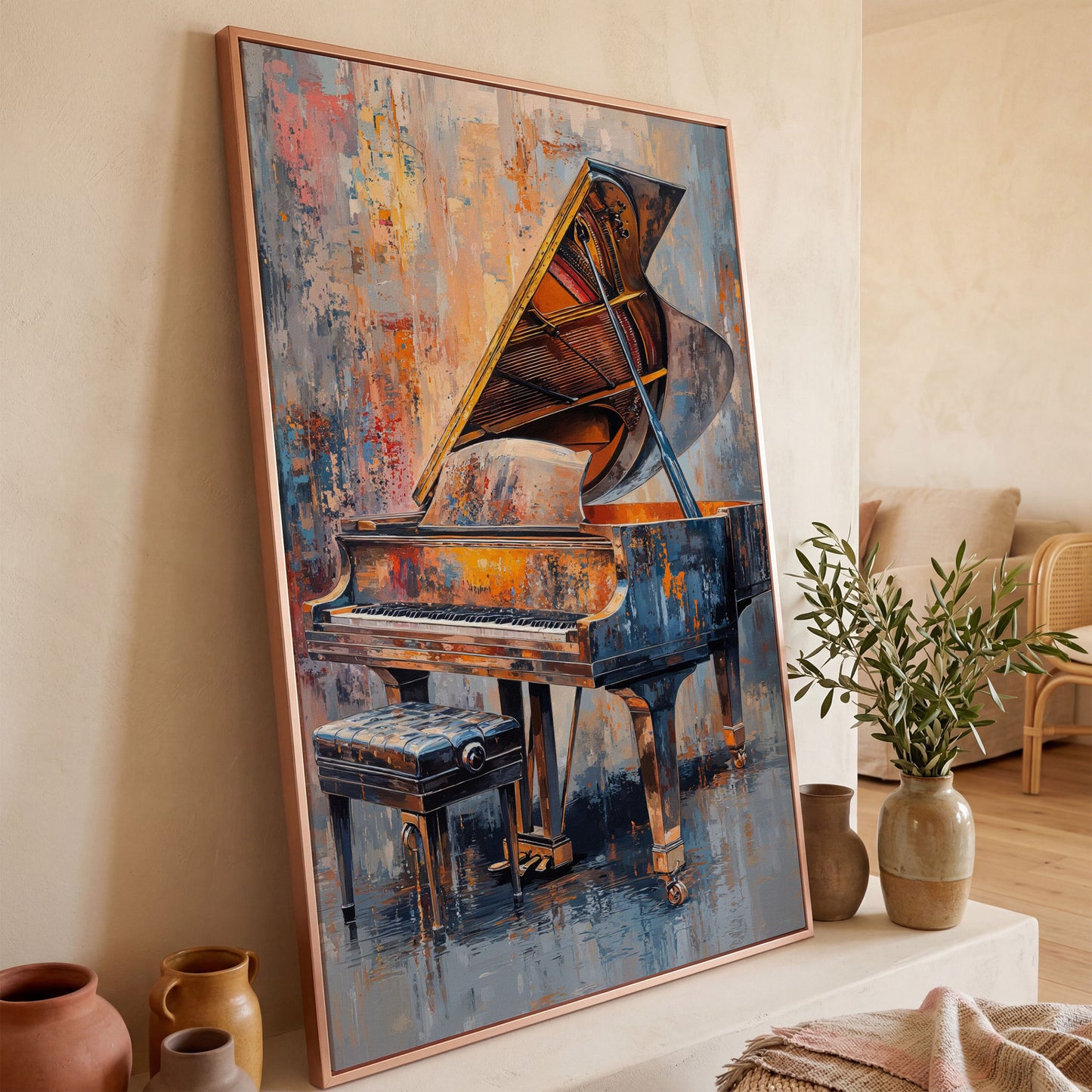 Impressionistic Grand Piano Canvas Art in rose gold floating frame