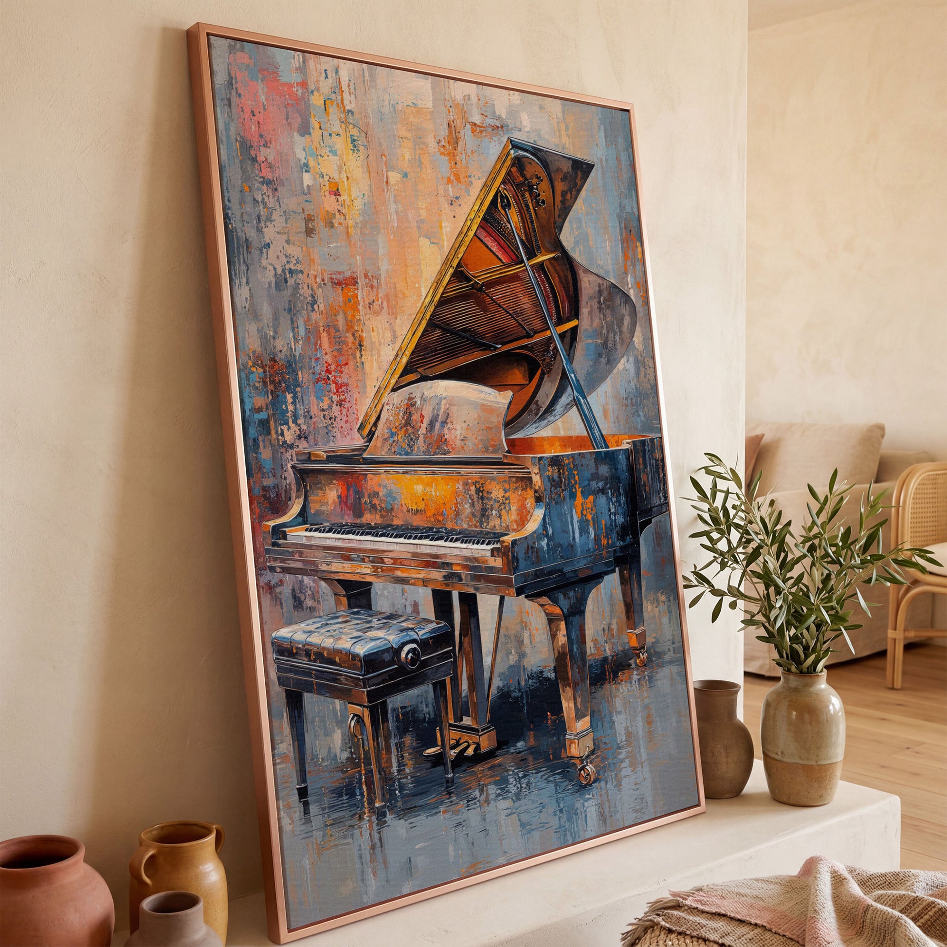 Impressionistic Grand Piano Canvas Art in rose gold floating frame
