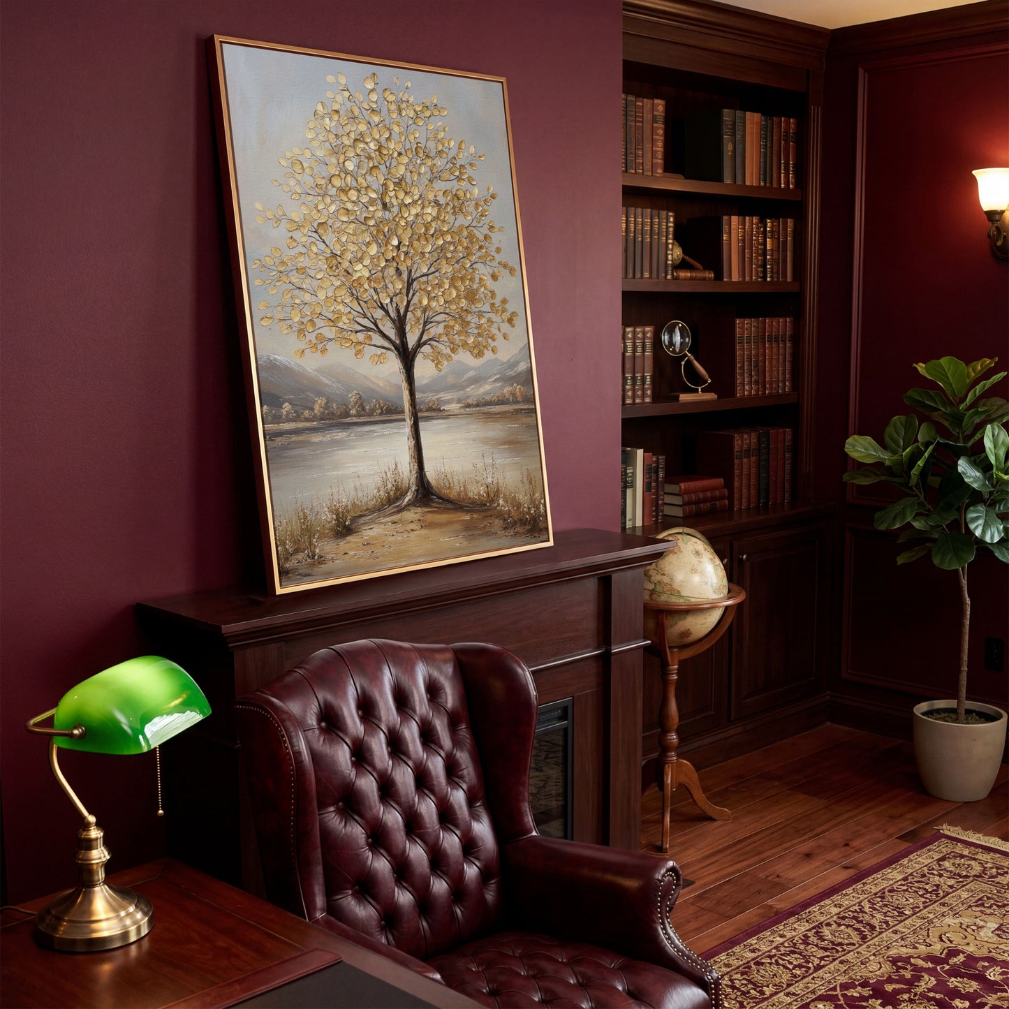 Golden Leaf Tree Canvas Print with Rocky Shore in antique gold floating frame