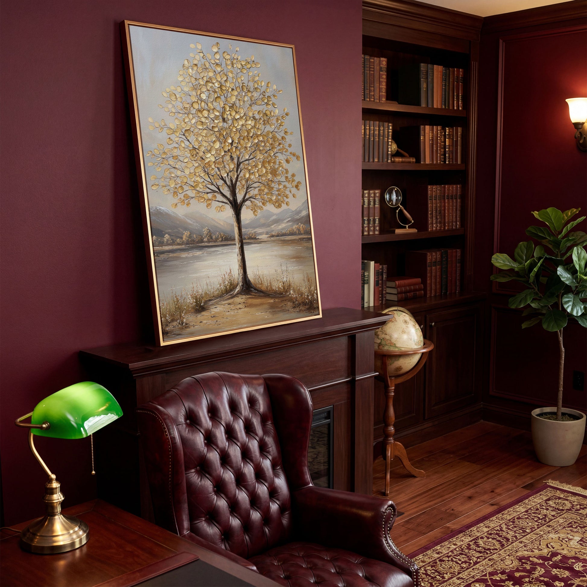 Golden Leaf Tree Canvas Print with Rocky Shore in antique gold floating frame