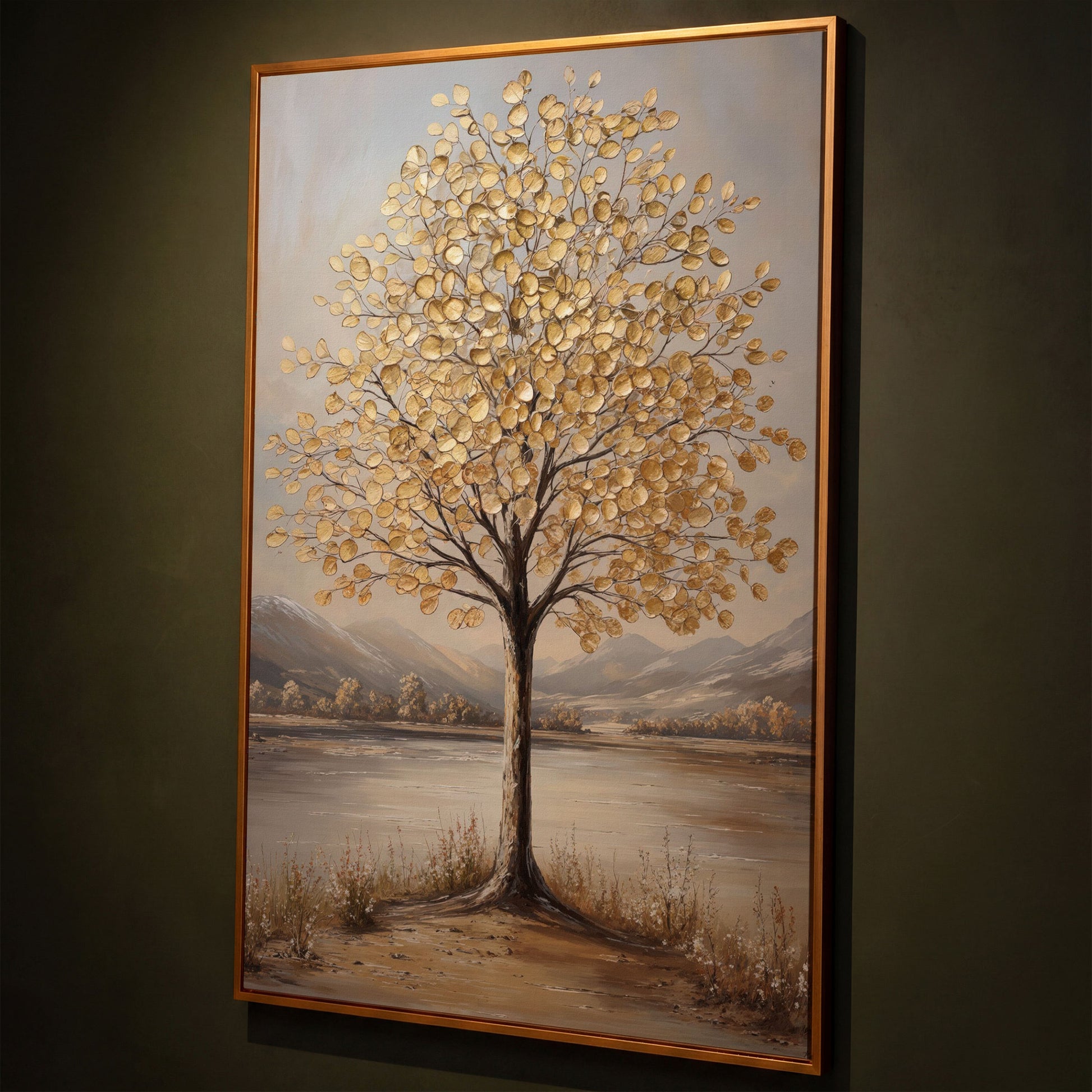 Golden Leaf Tree Canvas Print with Rocky Shore shown in antique gold floating frame