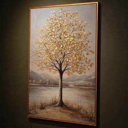 Golden Leaf Tree Canvas Print with Rocky Shore shown in antique gold floating frame