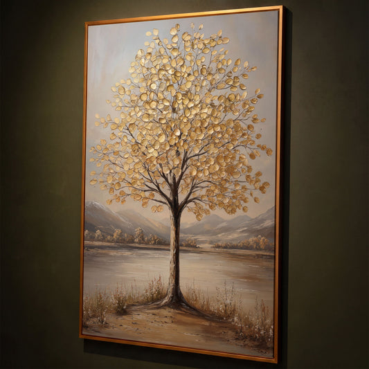 Golden Leaf Tree Canvas Print with Rocky Shore shown in antique gold floating frame