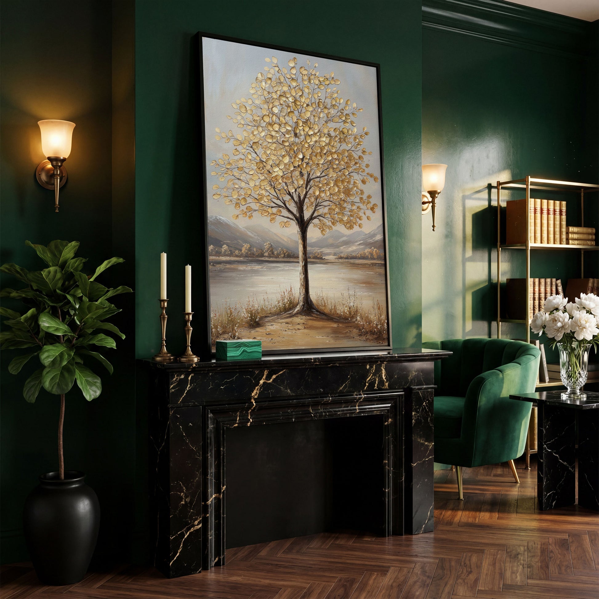 Golden Leaf Tree Canvas Print with Rocky Shore in black floating frame