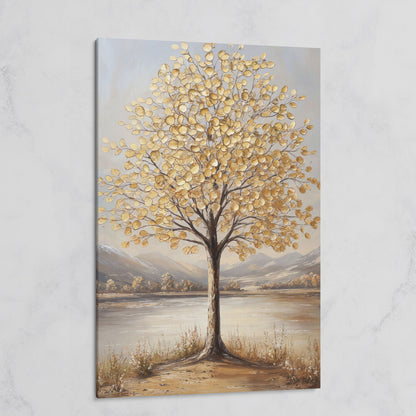 Golden Leaf Tree Canvas Print with Rocky Shore on gallery wrap