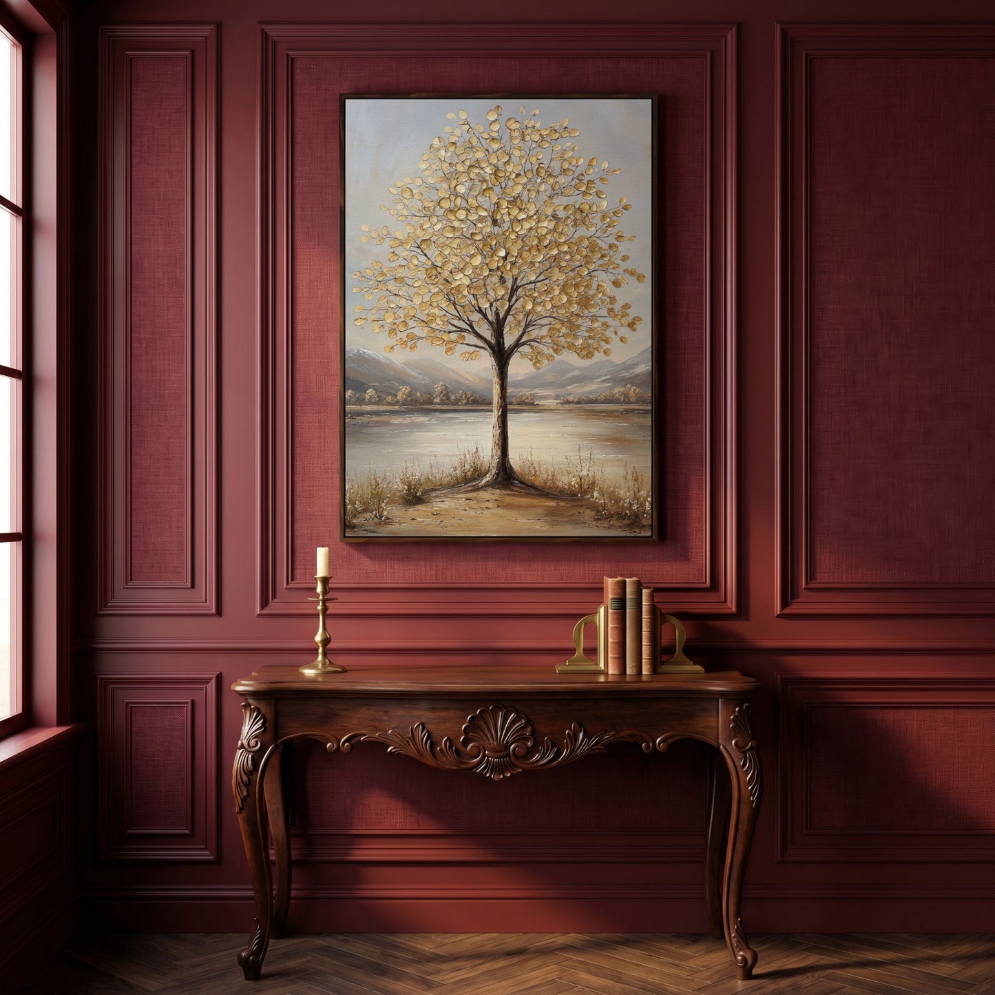 Golden Leaf Tree Canvas Print with Rocky Shore in dark walnut floating frame