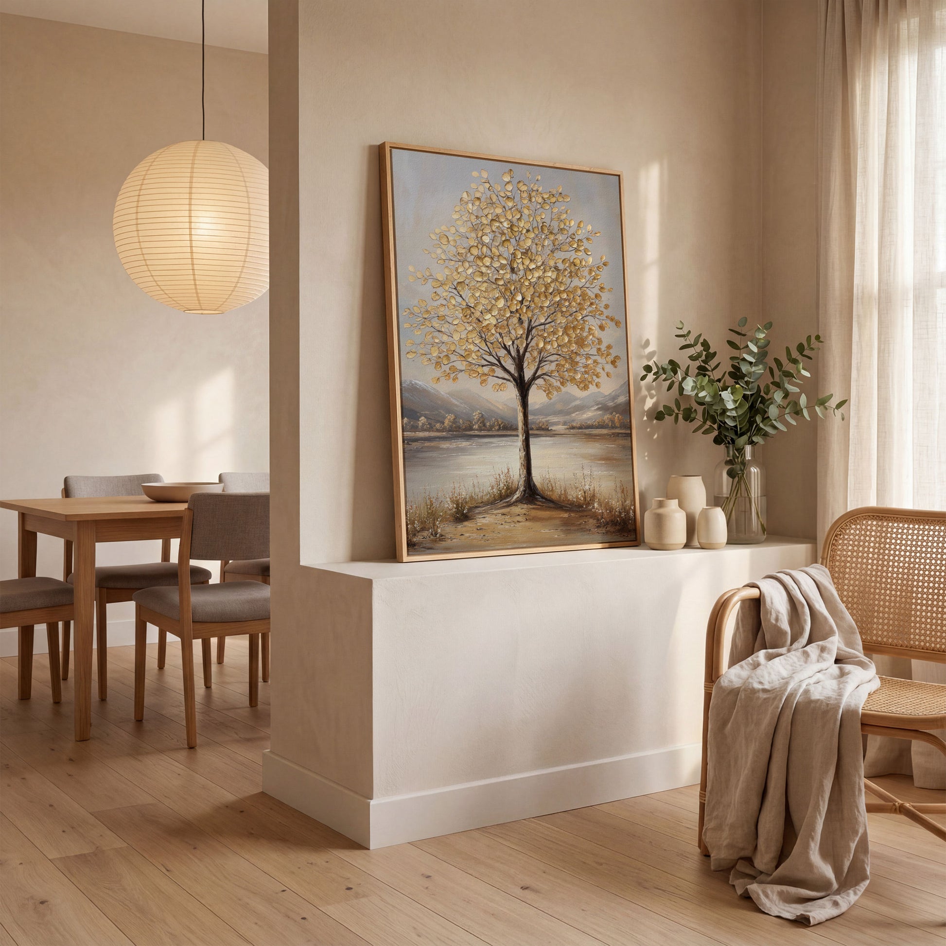 Golden Leaf Tree Canvas Print with Rocky Shore in white oak floating frame
