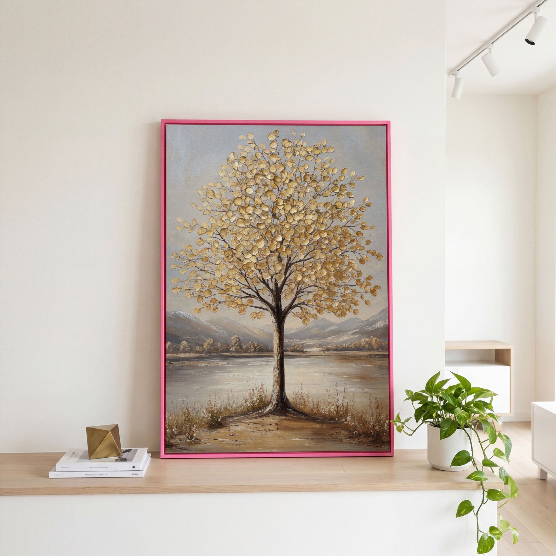Golden Leaf Tree Canvas Print with Rocky Shore in pink floating frame