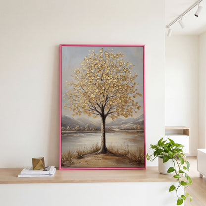 Golden Leaf Tree Canvas Print with Rocky Shore in pink floating frame