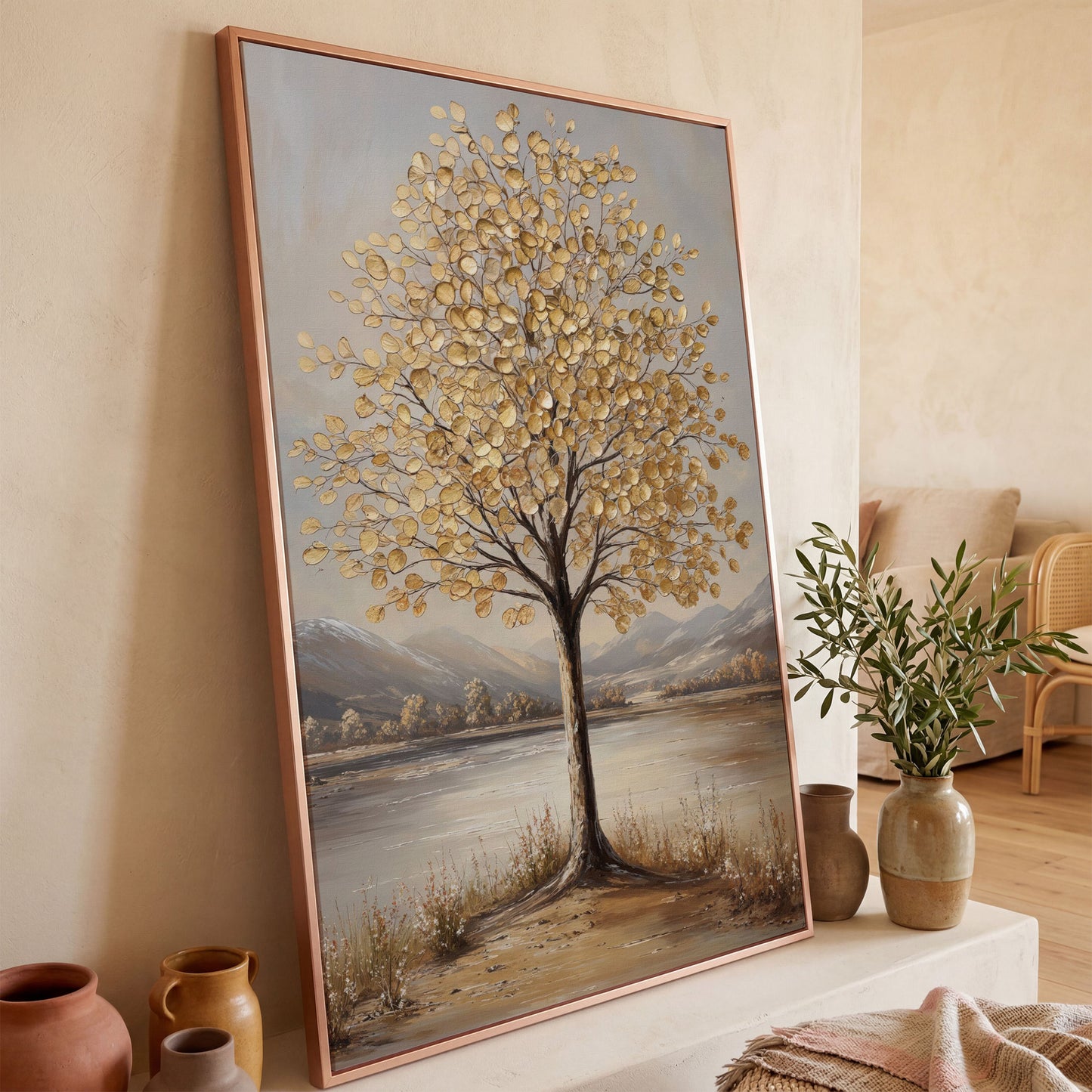 Golden Leaf Tree Canvas Print with Rocky Shore in rose gold floating frame