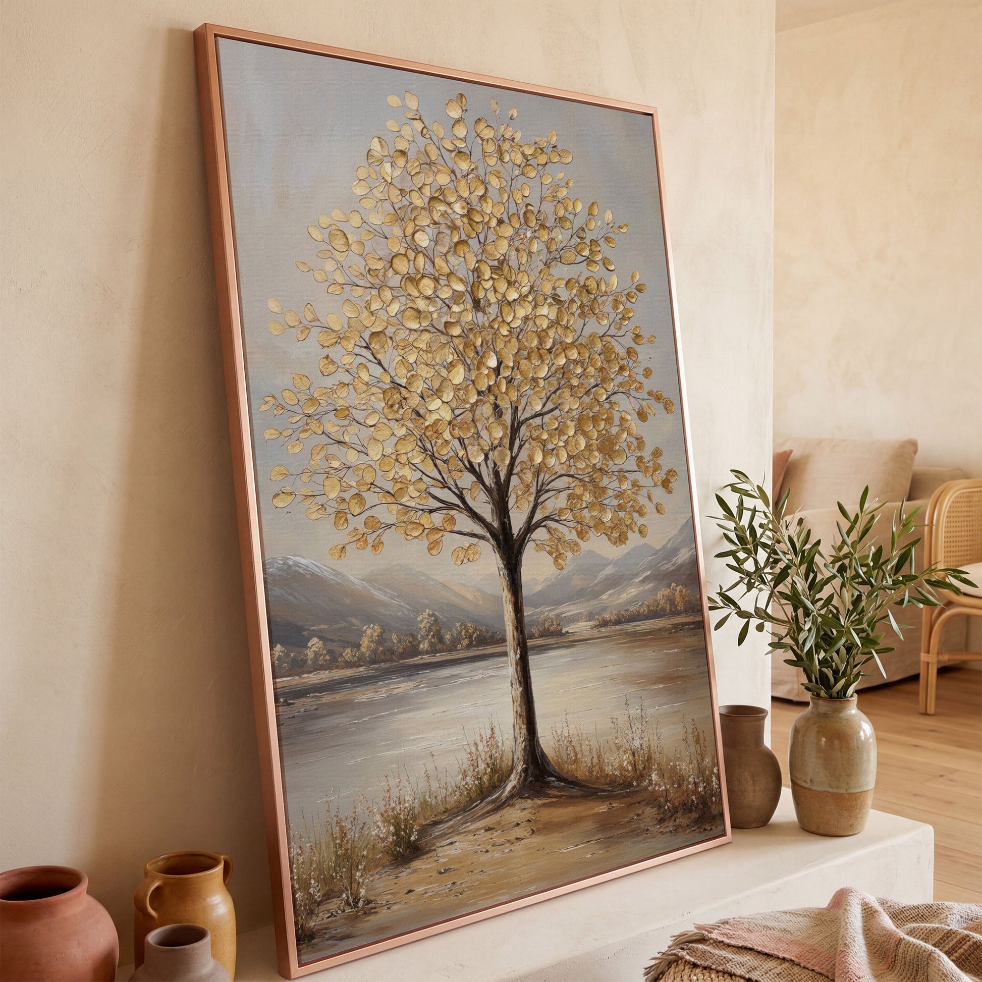 Golden Leaf Tree Canvas Print with Rocky Shore in rose gold floating frame
