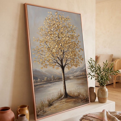 Golden Leaf Tree Canvas Print with Rocky Shore in rose gold floating frame