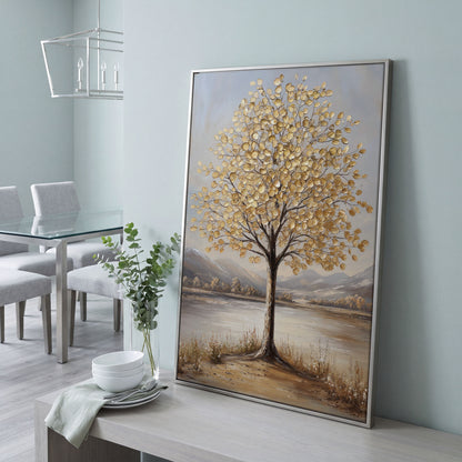 Golden Leaf Tree Canvas Print with Rocky Shore in silver floating frame