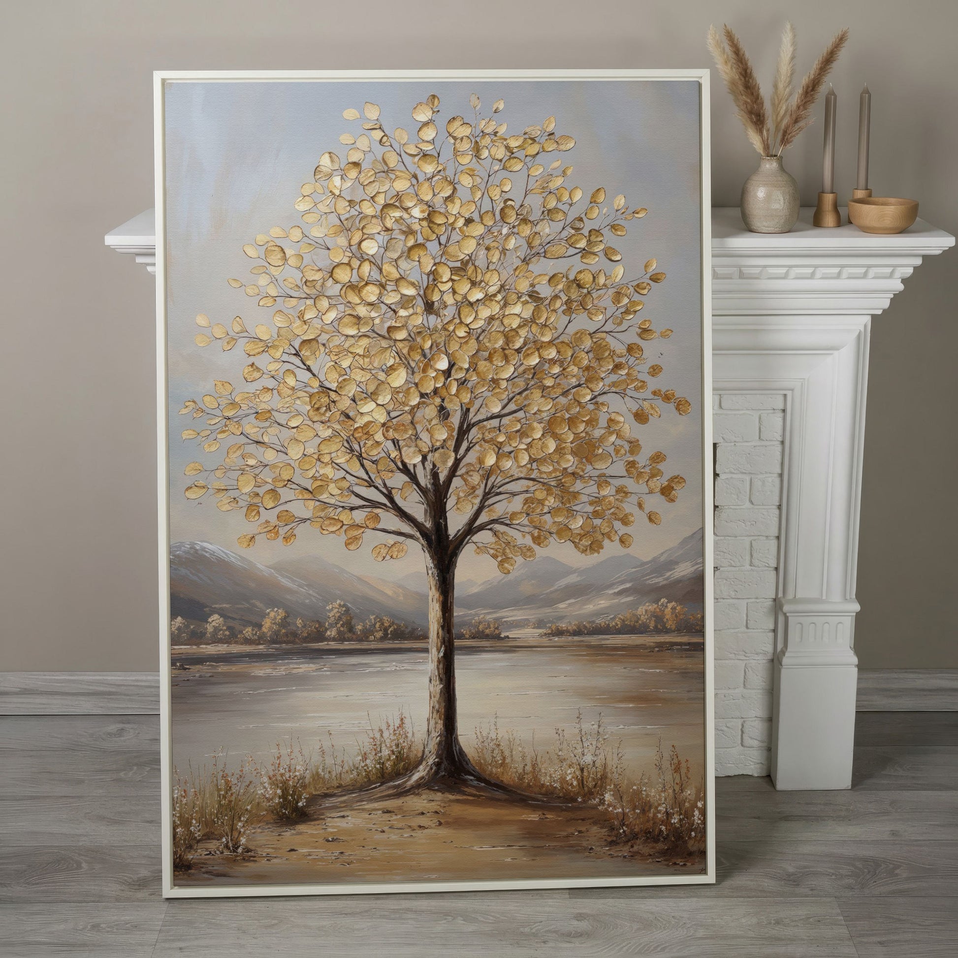 Golden Leaf Tree Canvas Print with Rocky Shore in white floating frame