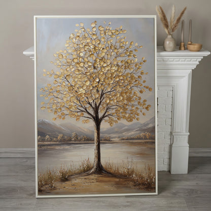 Golden Leaf Tree Canvas Print with Rocky Shore in white floating frame