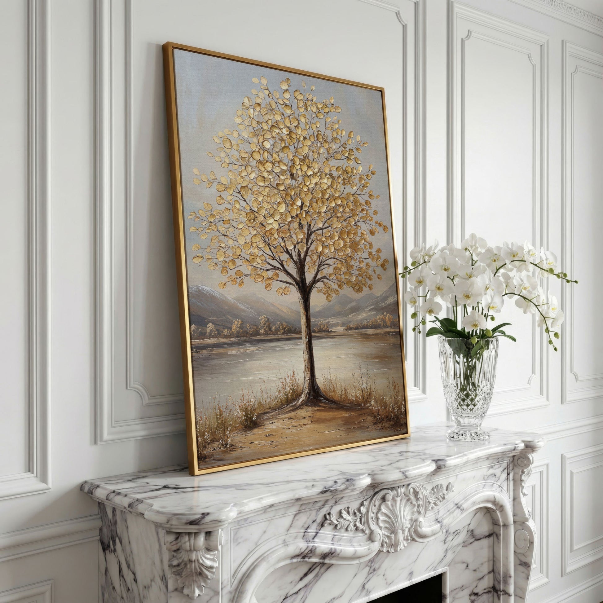 Golden Leaf Tree Canvas Print with Rocky Shore in yellow gold floating frame