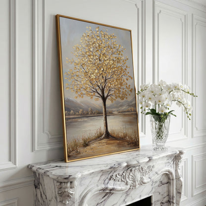 Golden Leaf Tree Canvas Print with Rocky Shore in yellow gold floating frame