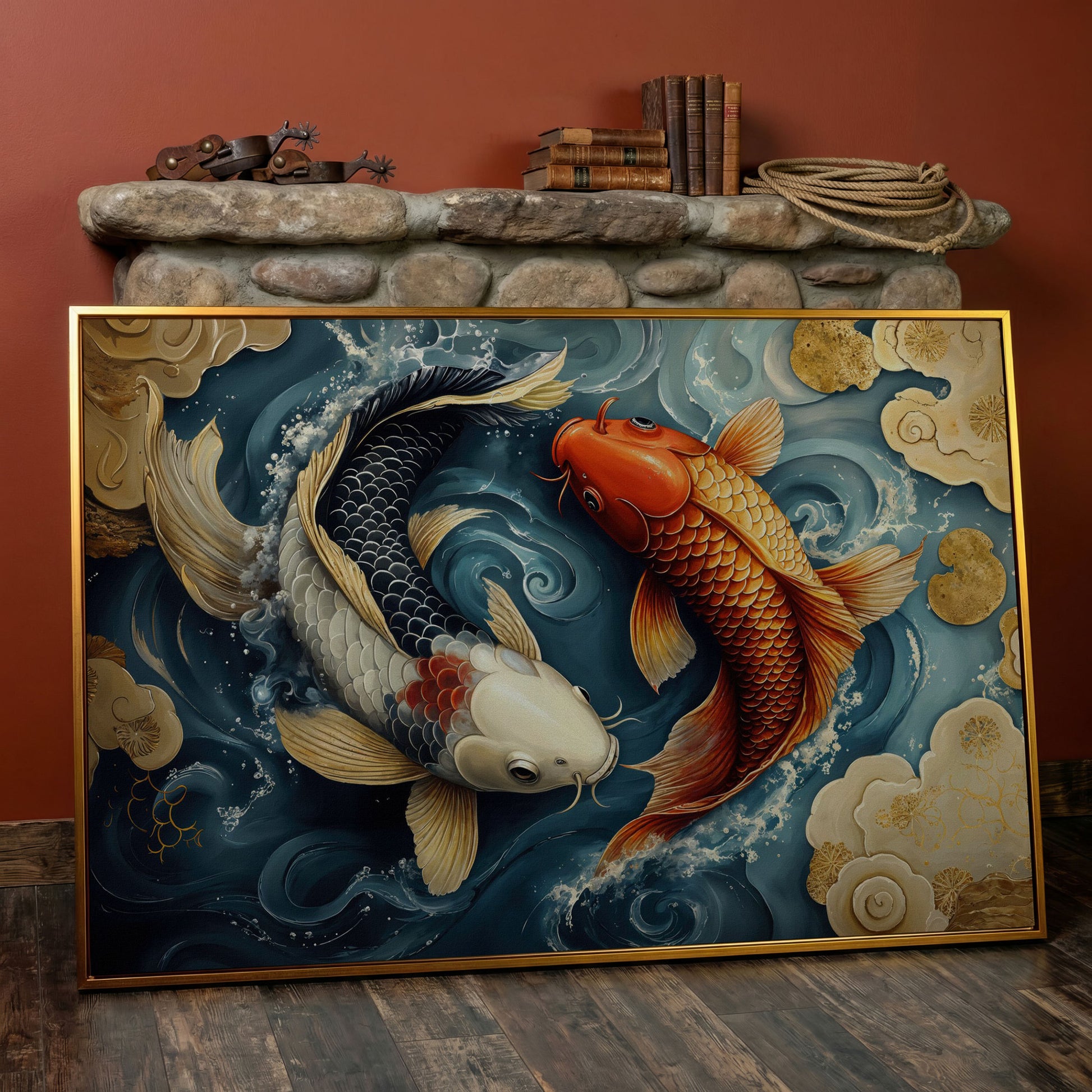 Yin Yang Koi Fish Canvas Art in antique gold floating frame