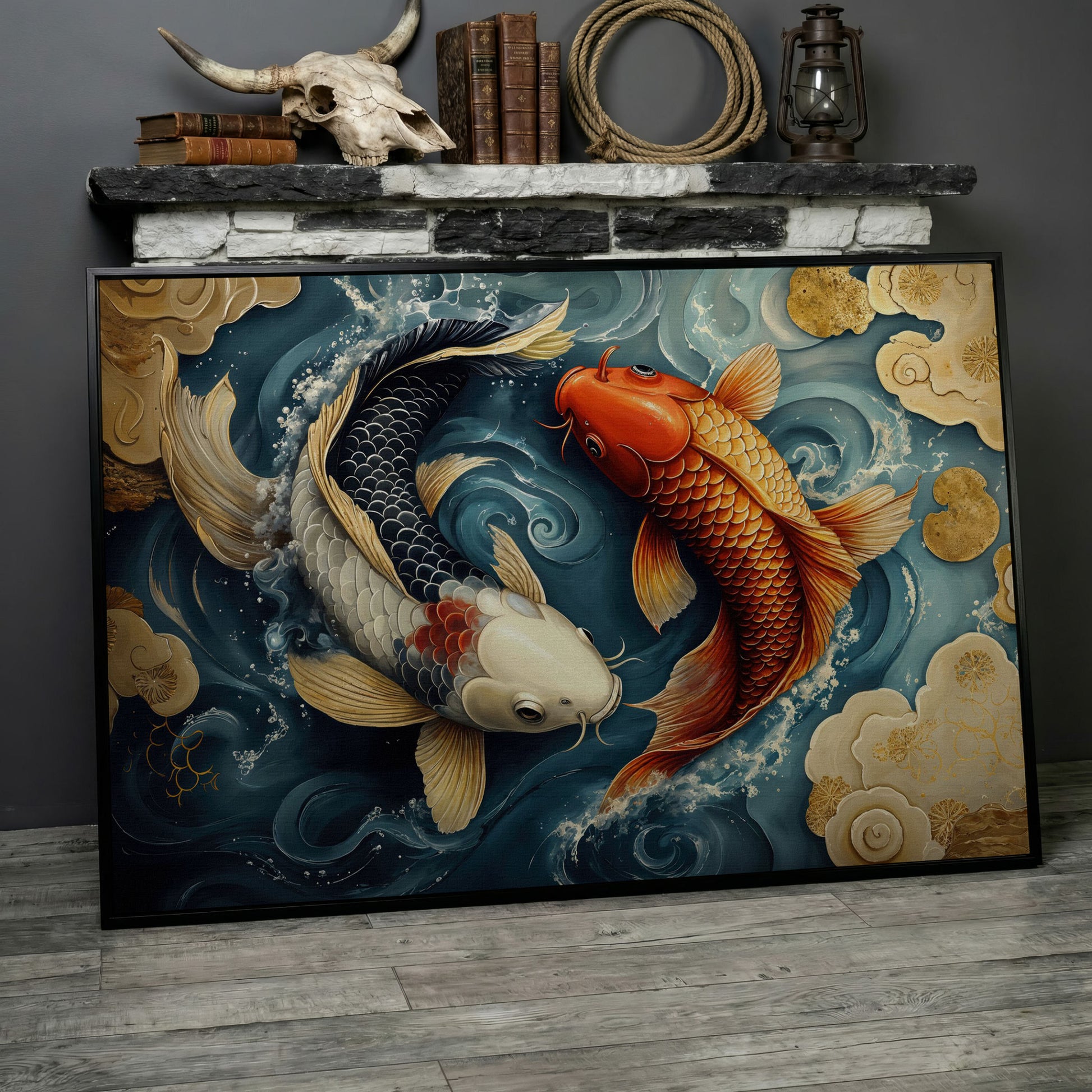 Yin Yang Koi Fish Canvas Art in black floating frame