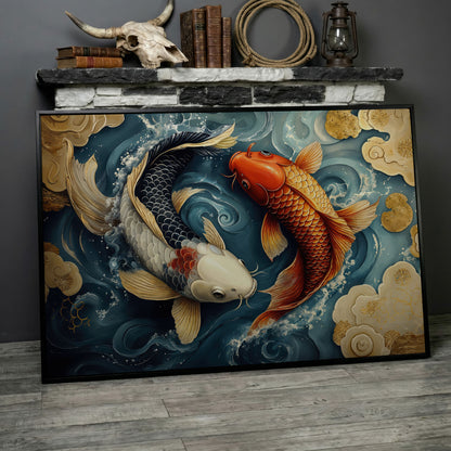 Yin Yang Koi Fish Canvas Art in black floating frame