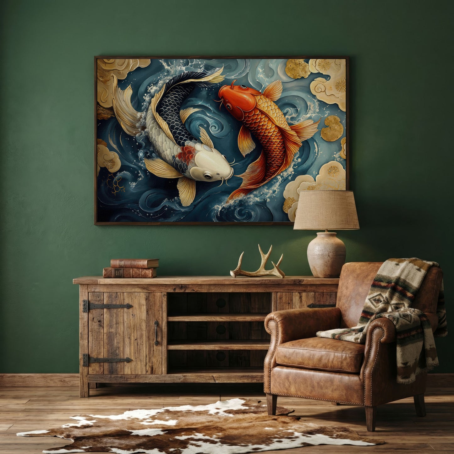 Yin Yang Koi Fish Canvas Art in dark walnut floating frame
