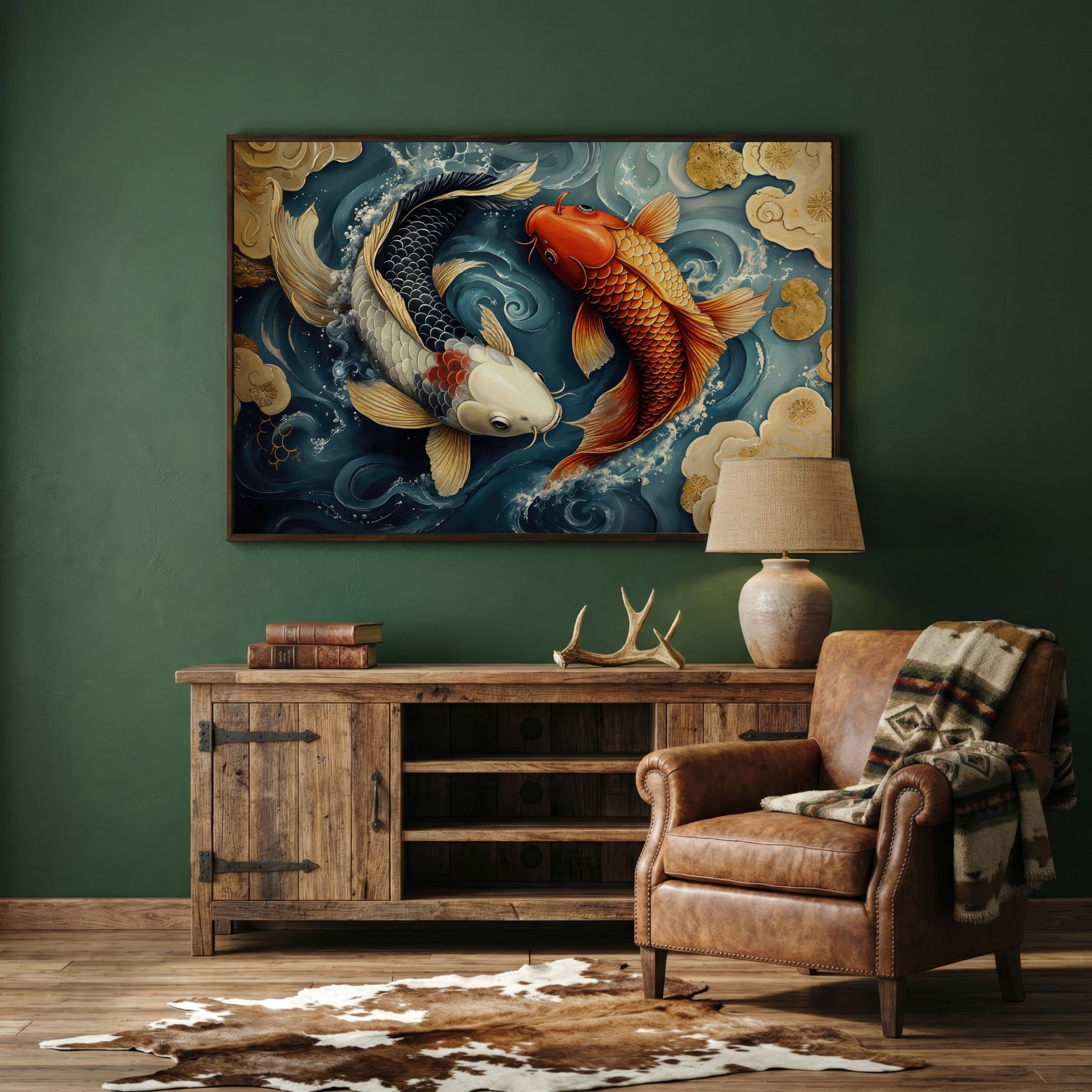 Yin Yang Koi Fish Canvas Art in dark walnut floating frame