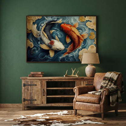 Yin Yang Koi Fish Canvas Art in dark walnut floating frame
