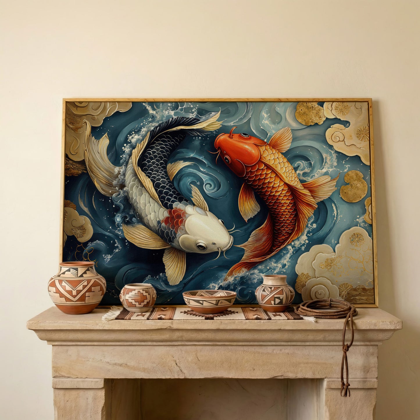 Yin Yang Koi Fish Canvas Art in white oak floating frame