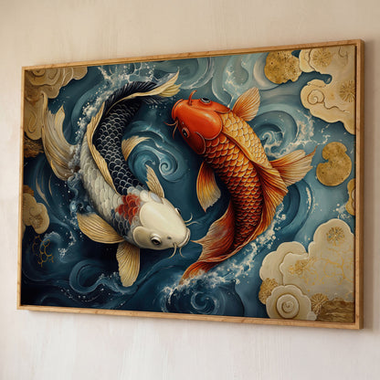 Yin Yang Koi Fish Canvas Art shown in white oak floating frame