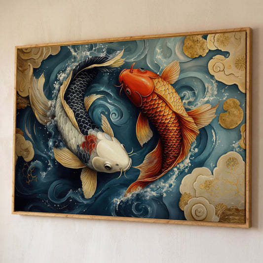 Yin Yang Koi Fish Canvas Art shown in white oak floating frame