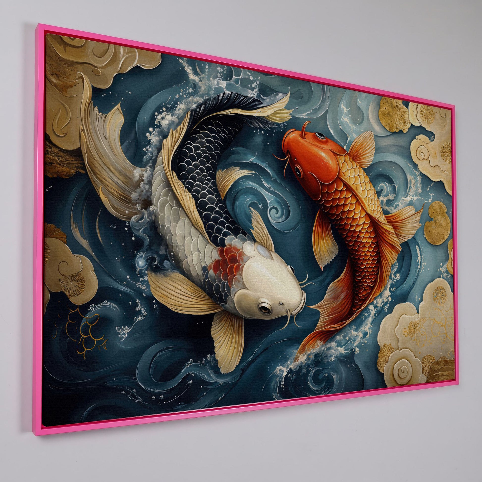 Yin Yang Koi Fish Canvas Art in pink floating frame