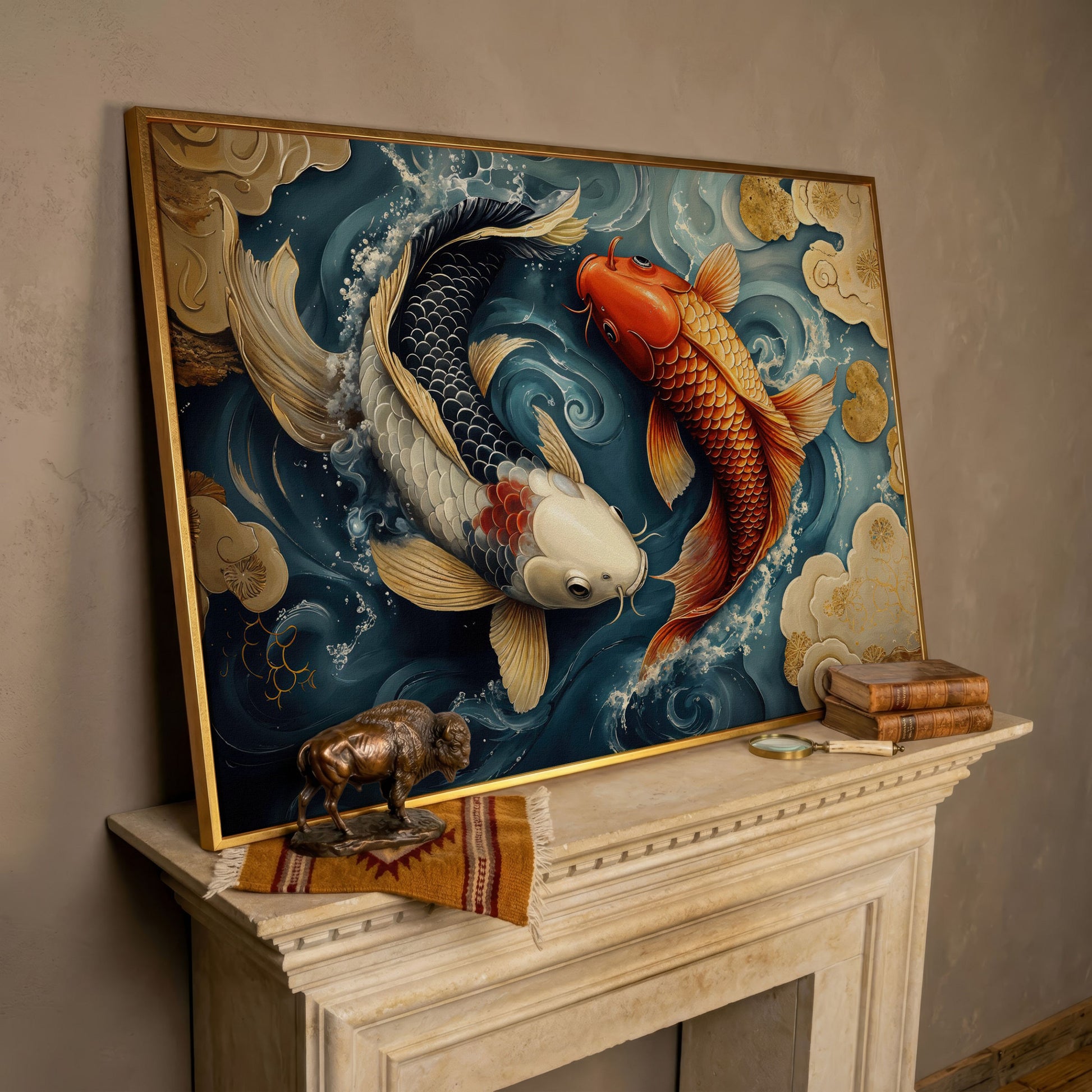 Yin Yang Koi Fish Canvas Art in rose gold floating frame