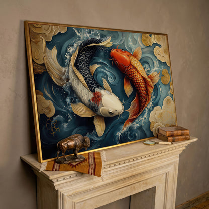 Yin Yang Koi Fish Canvas Art in rose gold floating frame
