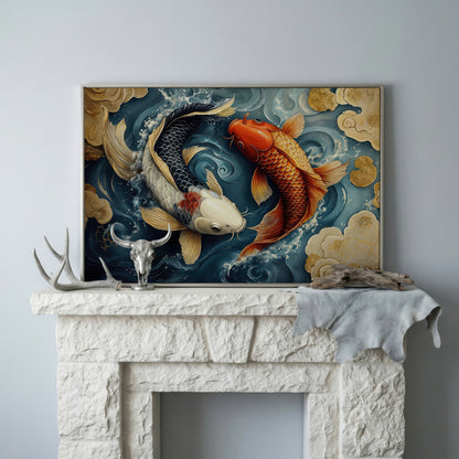 Yin Yang Koi Fish Canvas Art in silver floating frame