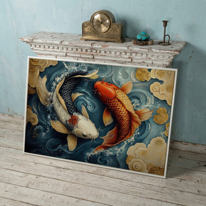 Yin Yang Koi Fish Canvas Art in white floating frame
