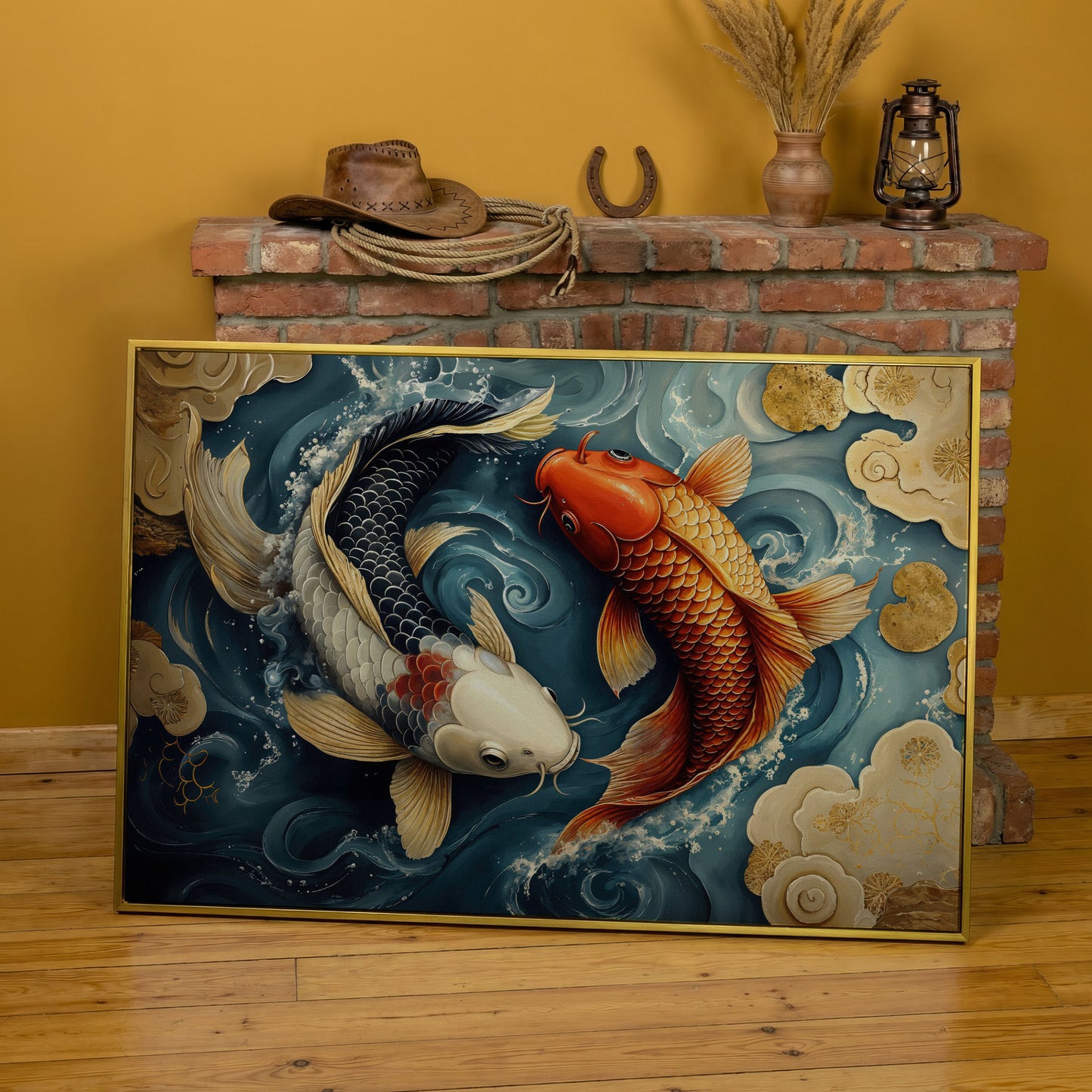 Yin Yang Koi Fish Canvas Art in yellow gold floating frame