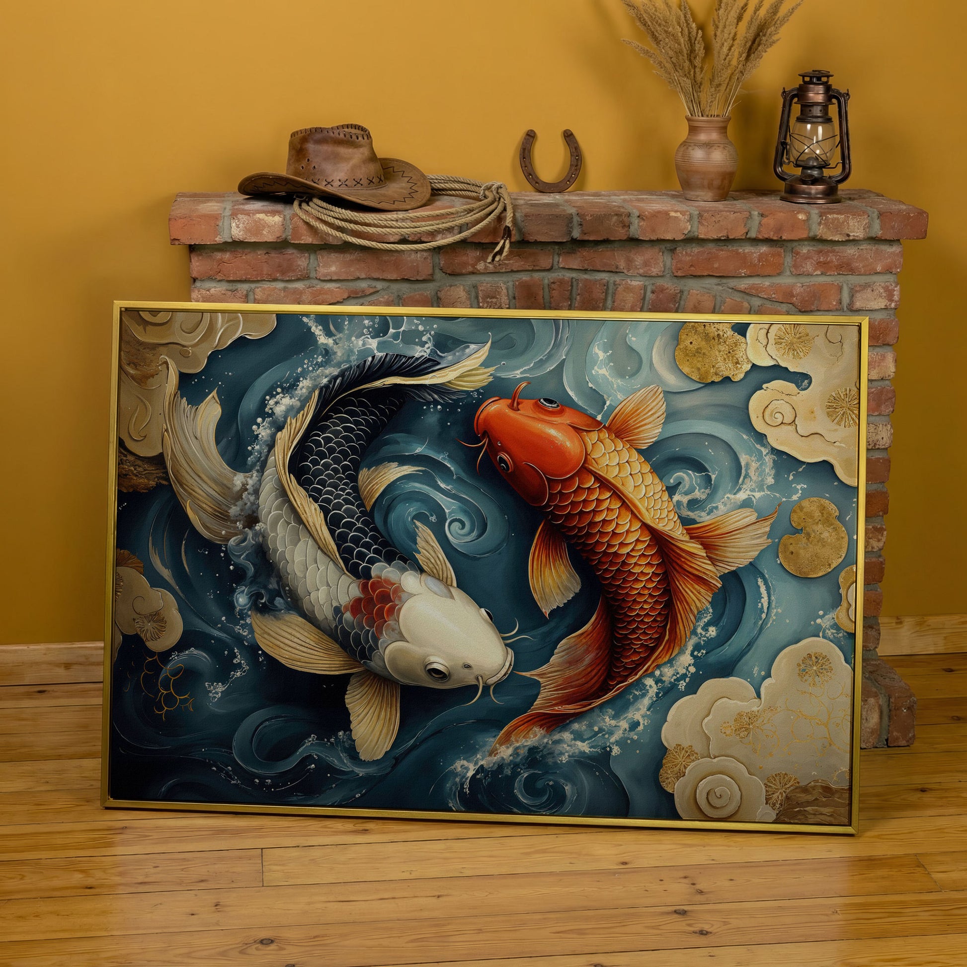 Yin Yang Koi Fish Canvas Art in yellow gold floating frame