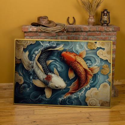 Yin Yang Koi Fish Canvas Art in yellow gold floating frame