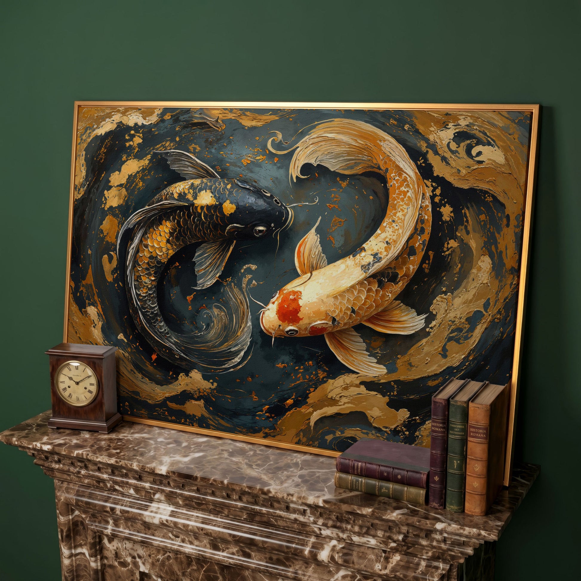 Japanese Koi Fish Yin Yang Canvas in antique gold floating frame